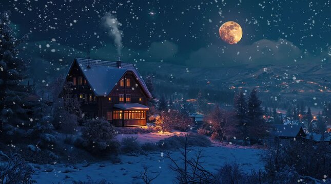 Enchanting wooden house in a fantasy winter night scene.
 Seamless looping 4k time-lapse virtual video animation background. Generated AI