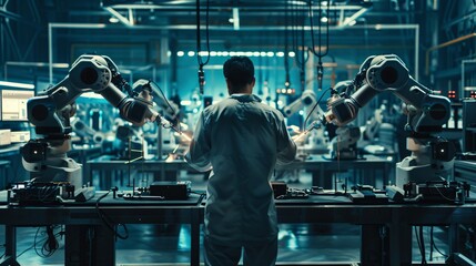 A man is working on a robot in a factory