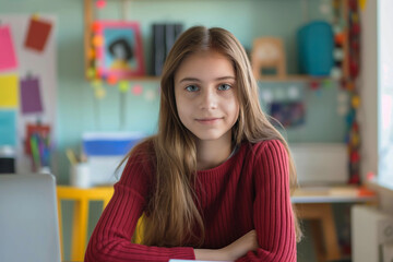 A beautiful teenage girl with a smiling expression is sitting on a sofa in a bright room.