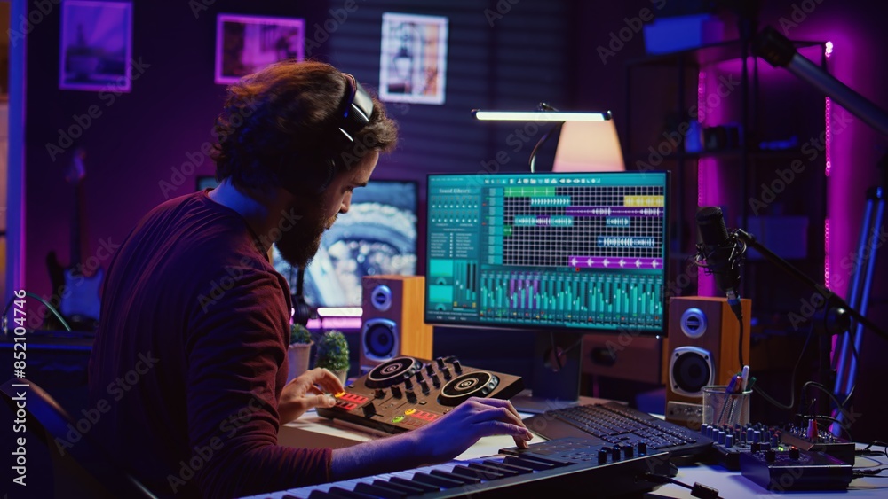 Poster artist improving the sound quality of audio recordings in home studio, handling mixing console and c