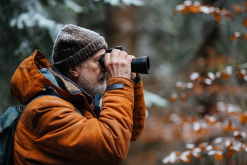 Elderly man photographing nature. An elderly man in a winter jacket and hat taking pictures in a snowy forest. Ideal for themes related to wildlife, photography hobbies, and outdoor activities.