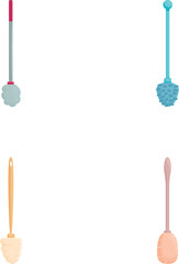 Toilet broom icons set cartoon vector. Tool for cleaning plumbing equipment. Household concept