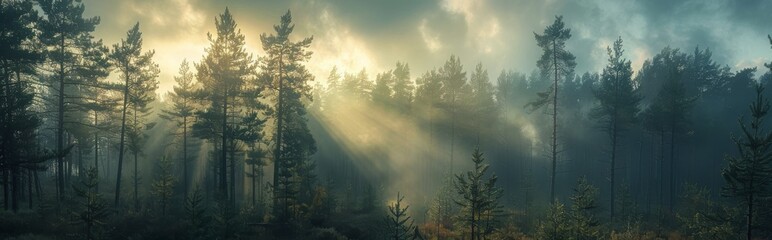 Naklejka premium Golden Light Filtering Through Pine Trees in a Foggy Forest at Sunrise