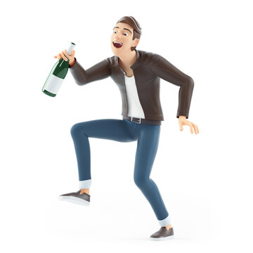 3d drunk cartoon man walking with bottle