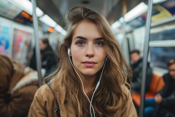 Young woman commuting on a subway. A focused portrait of a woman with headphones on public transportation, embodying modern urban life and daily commuting. Ideal for lifestyle and travel publications.