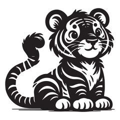 Tiger, cartoon predatory tiger cub, black silhouette on a transparent background, vector drawing for stencil, print