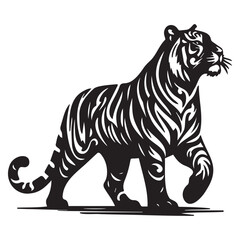 Fototapeta premium Tiger, large predatory cat, black silhouette on a transparent background, vector drawing for stencil, print