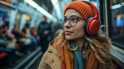 Obraz premium Young woman in subway with headphones. Focused on listening, the young woman enjoys music on her commute, representing modern urban lifestyle and personal time.