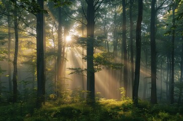 Obraz premium Sunlight Illuminating A Foggy Forest In The Morning