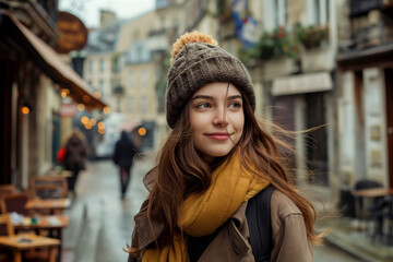 Fototapeta premium Cozy autumn day in European city. A young woman in winter attire, smiling and looking away. Ideal for travel, lifestyle, and seasonal promotions. Suitable for editorial and commercial use.