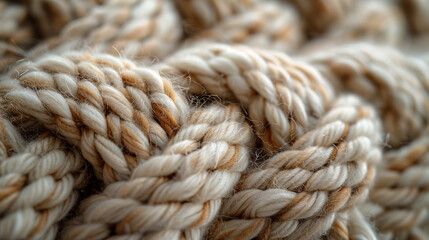 Close-up of cozy knitted soft beige fabric.