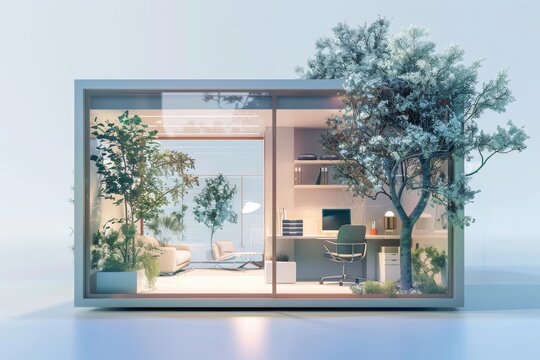 illustration of small house interior design, office area use 