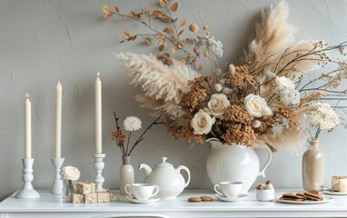 Elegant Table Setting With Flowers, Candles, and Cookies in a White Room