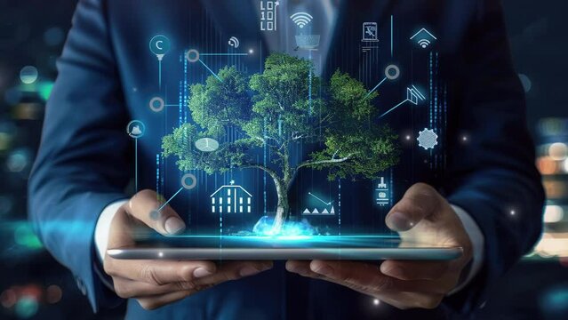 Futuristic hologram. A businessman is shown with a tablet displaying a futuristic holographic digital tree and icons business. AI technology concept for business future growth. Business futuristic. 4K