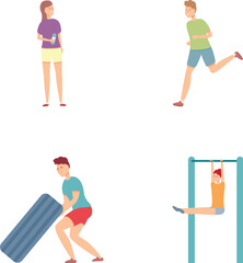 Outdoor sport icons set cartoon vector. People workout at outdoor sport area. Physical activity