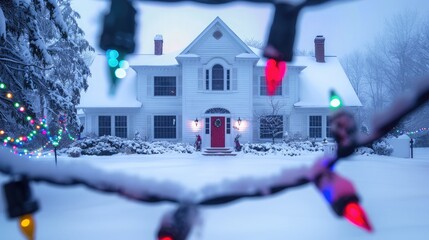 A classic American house with white shutters and a red door, the ground blanketed in snow, and frost on the windows. A string of colorful holiday lights frames the house,  