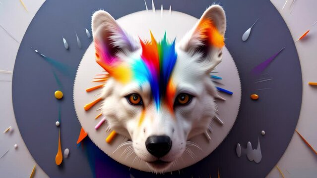 Abstract art with dog head and colorful paint spurts. Seamless loop of a logo with canine mascot.