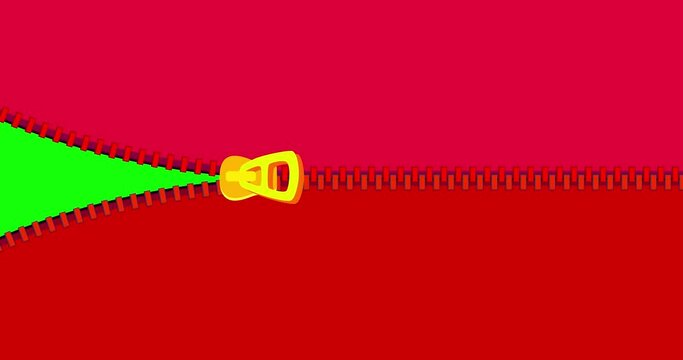 Zipper transition wipe curtain horizontal red isolated background. Cartoon fastener binder animation preset. Motion design element. Business, art, education, science, fashion.