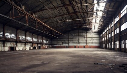 Old abandoned industrial metal hangar, rusty and empty created with generative ai	