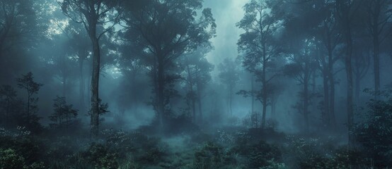 Fototapeta premium Dense Fog Envelops Tall Pine Trees in a Lush Forest