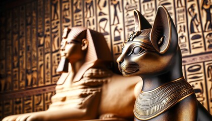 A detailed, focused image of an ancient Egyptian cat deity statue with the Great Sphinx of Giza in the background.