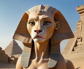 A detailed depiction of an ancient sphinx sculpture situated in a desert, with iconic pyramids in the background. The sphinx's lifelike expression and the historic setting evoke a sense of mystery and