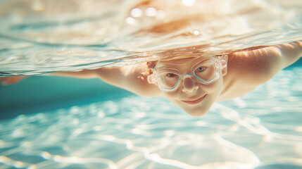 Underwater view of boy swimming with goggles in outdoor pool. Perfect for promoting summer activities, swimming lessons, or vacation destinations.