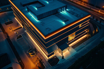 Obraz premium Aerial view of a data center at night, with its exterior illuminated by strategic lighting. 