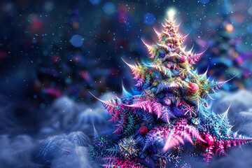 Fototapeta premium A colorful Christmas tree with a bright star on top