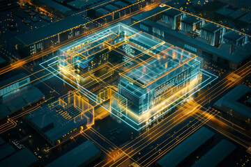 Fototapeta premium Aerial view of a data center at night, with its exterior illuminated by strategic lighting. 