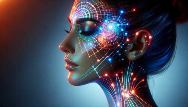 A woman's profile adorned with glowing, augmented reality makeup patterns that shift and change colors.