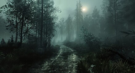 Obraz premium A Foggy Forest Road at Dusk