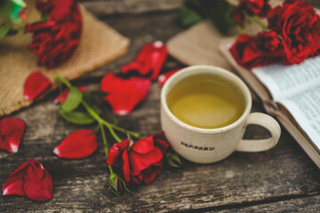 BLESSED, cup of tea and open Bible, Christian good morning concept