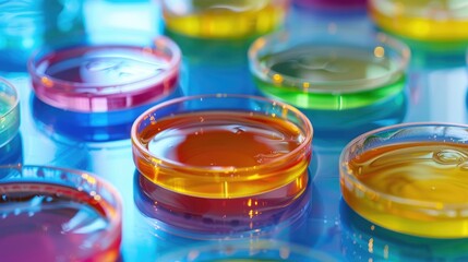 Vibrantly colored liquid contained in a petri dish on a laboratory table