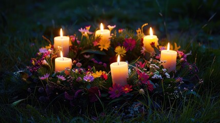 A vibrant flower wreath adorned with flickering candles sits gracefully on the evening meadow serving as a potent symbol of Summer Solstice Day Midsummer and the Litha sabbat This tradition