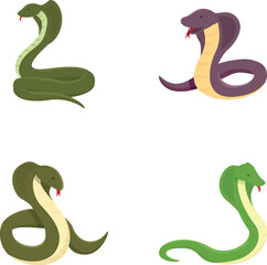 Cobra snake icons set cartoon vector. Cartoon cobra character. Animal, reptile