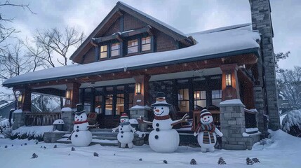 Fototapeta premium A Craftsman-style house during a quiet snowfall, the large, covered porch providing shelter to a carefully crafted snowman family, dressed in scarves 