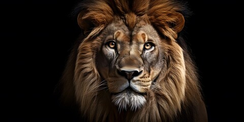 Naklejka premium Lion king Portrait on black background, Portrait of majestic lion Magnificent
