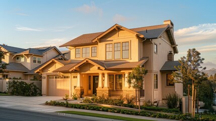 A Craftsman style house in sandy beige stands under the tranquil light of dawn, with surrounding suburban streets quiet and empty, capturing the morning's calm.