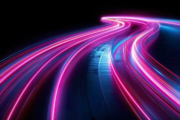 A long, curving road with bright pink and blue lights