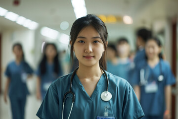 Portrait of young chinese woman nurse or a doctor intern with colleagues. High quality photo