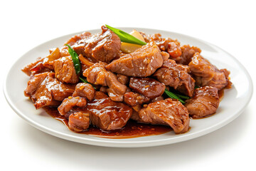 A white plate with chicken and orange slices