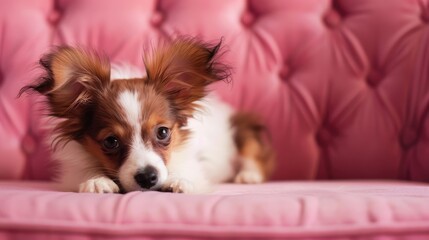 Charming little puppy lounging on a pink couch