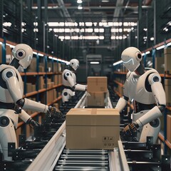 Warehouse automation, robotic arms sorting packages in a warehouse, representing the automation trend in industry with space for custom message. Generative AI