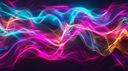 3D render of neon wallpaper. Glowing dynamic lines over black background. Light drawing trajectory. Fluorescent ribbons.