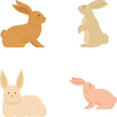 Collection of four cute and simplistic cartoon rabbits in various poses on a white background