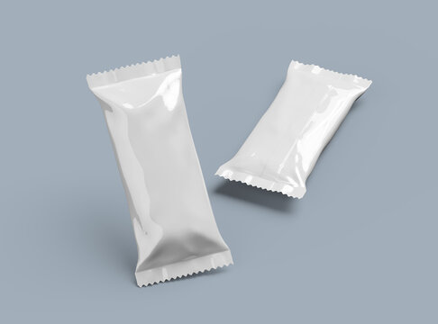 3D render for a glossy generic, sealed ice-cream packaging bag with crimped edges on a light background