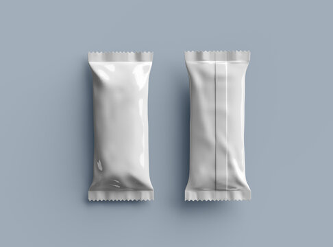 3D render for a glossy generic, sealed ice-cream packaging bag with crimped edges on a light background