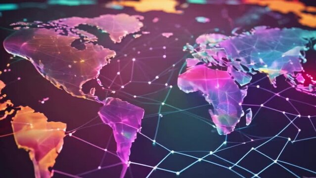 Global trends and the interdependence of nations are visually represented by a lively network of 3D data charts