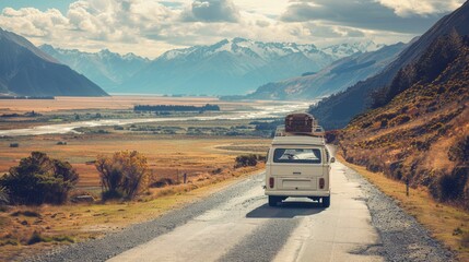 In the mountains on a winding mountain road, a vintage camper van called On the Road Again